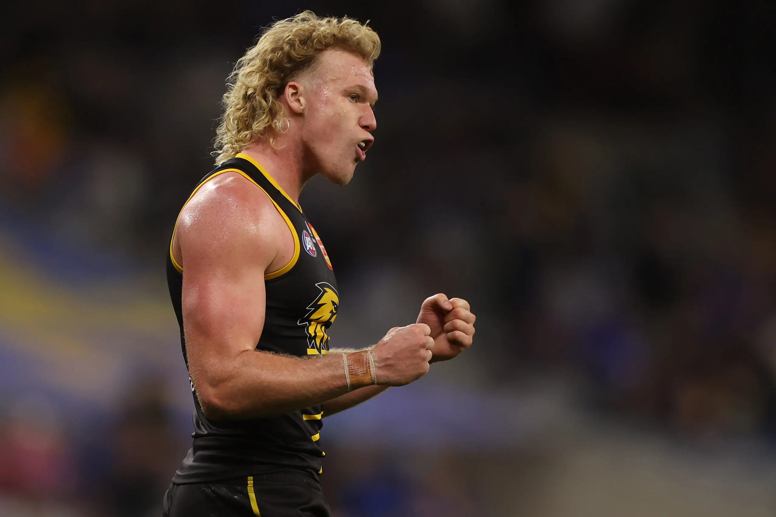 PERTH, AUSTRALIA - MAY 31: Reuben Ginbey of the Eagles celebrates the win during the round 12 AFL match between West Coast Eagles and Essendon Bombers at Optus Stadium, on May 31, 2026, in Perth, Australia. (Photo by Janelle St Pierre/AFL Photos/via Getty Images)