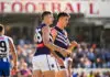BUNBURY, AUSTRALIA - JUNE 06: Josh Treacy of the Dockers celebrates a goal during the 2026 AFL Round 13 match between the North Melbourne Kangaroos and the Fremantle Dockers at Hands Oval on June 6, 2026 in Bunbury, Australia. (Photo by Daniel Carson/AFL Photos via Getty Images)