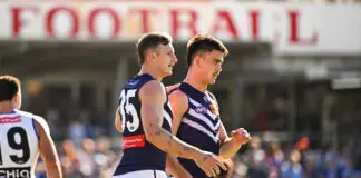 Freo’s mega top four gap should scare the league BUNBURY, AUSTRALIA - JUNE 06: Josh Treacy of the Dockers celebrates a goal during the 2026 AFL Round 13 match between the North Melbourne Kangaroos and the Fremantle Dockers at Hands Oval on June 6, 2026 in Bunbury, Australia. (Photo by Daniel Carson/AFL Photos via Getty Images)