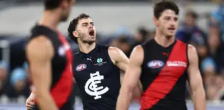 More procedural blues mar Carlton’s victory over valiant Bombers MELBOURNE, AUSTRALIA - JUNE 07: Brodie Kemp of the Blues celebrates a goal during the 2026 AFL Round 13 match between the Essendon Bombers and the Carlton Blues at the Melbourne Cricket Ground on June 7, 2026 in Melbourne, Australia. (Photo by James Wiltshire/AFL Photos via Getty Images)