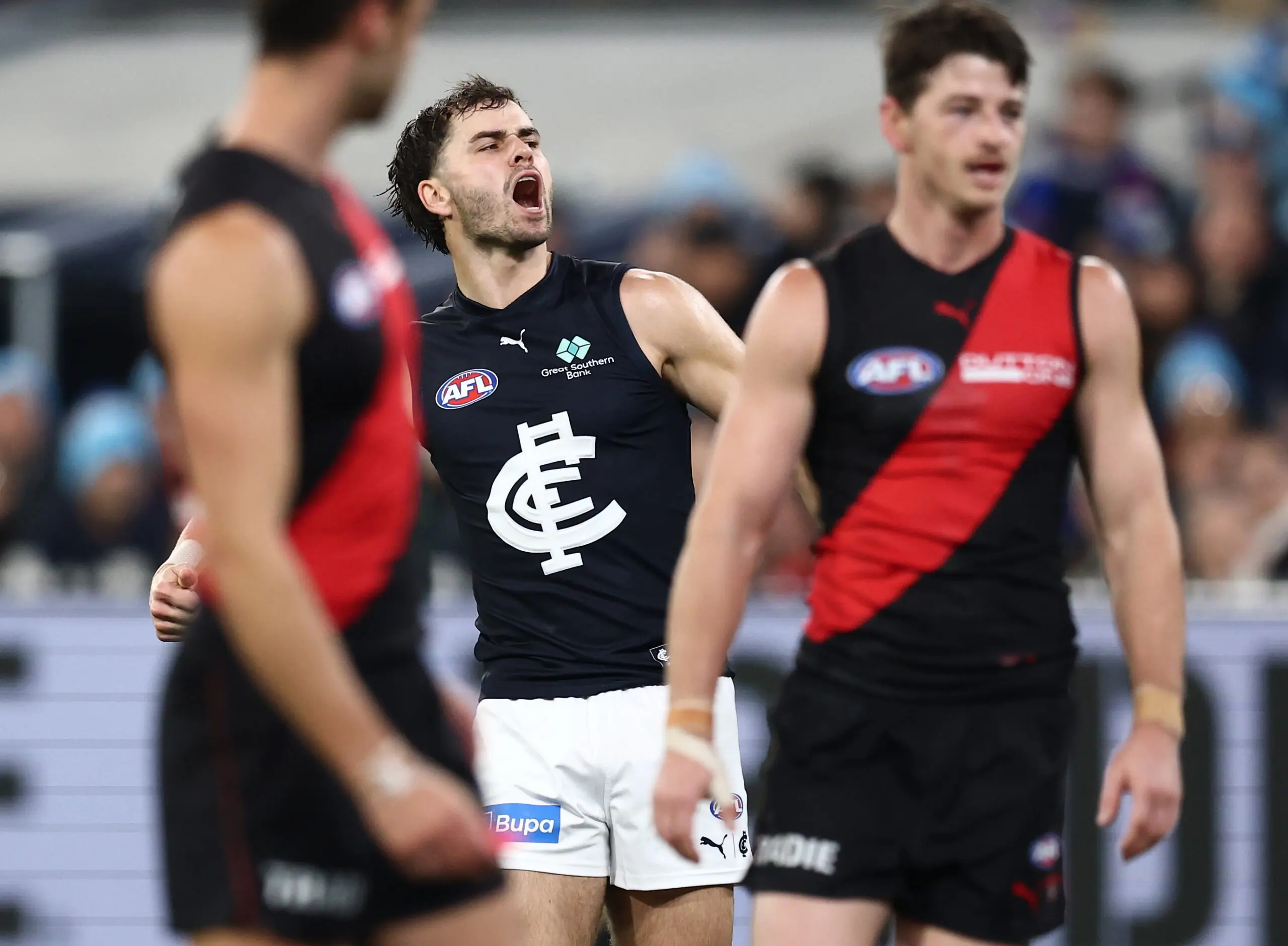 MELBOURNE, AUSTRALIA - JUNE 07: Brodie Kemp of the Blues celebrates a goal during the 2026 AFL Round 13 match between the Essendon Bombers and the Carlton Blues at the Melbourne Cricket Ground on June 7, 2026 in Melbourne, Australia. (Photo by James Wiltshire/AFL Photos via Getty Images)