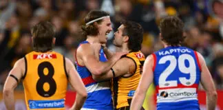 Battle of the pick fives highlights Hawks-Dogs classic MELBOURNE, AUSTRALIA - JUNE 05: Nick Watson of the Hawks and Michael Sellwood of the Bulldogs wrestle during the round 13 AFL match between Hawthorn Hawks and Western Bulldogs at Melbourne Cricket Ground, on June 05, 2026, in Melbourne, Australia. (Photo by Quinn Rooney/Getty Images)