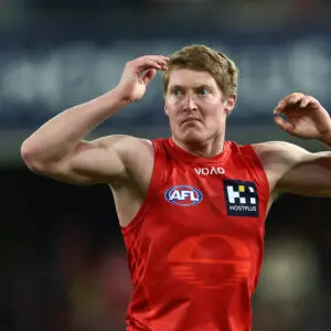 GOLD COAST, AUSTRALIA - JUNE 06: Matt Rowell of the Suns looks on during the round 13 AFL match between Gold Coast Suns and Brisbane Lions at People First Stadium, on June 06, 2026, in Gold Coast, Australia. (Photo by Chris Hyde/Getty Images)