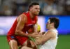 MRO news: Gold Coast Suns at risk of $50,000 fine following umpire crackdown GEELONG, AUSTRALIA - JUNE 12: Daniel Rioli of the Suns is tackled by Shaun Mannagh of the Cats during the 2026 AFL Round 14 match between the Geelong Cats and the Gold Coast Suns at GMHBA Stadium on June 12, 2026 in Geelong, Australia. (Photo by Michael Willson/AFL Photos via Getty Images)