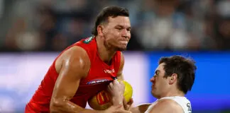 MRO news: Gold Coast Suns at risk of $50,000 fine following umpire crackdown GEELONG, AUSTRALIA - JUNE 12: Daniel Rioli of the Suns is tackled by Shaun Mannagh of the Cats during the 2026 AFL Round 14 match between the Geelong Cats and the Gold Coast Suns at GMHBA Stadium on June 12, 2026 in Geelong, Australia. (Photo by Michael Willson/AFL Photos via Getty Images)