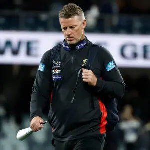 GEELONG, AUSTRALIA - JUNE 12: Damien Hardwick, Senior Coach of the Suns looks dejected after a loss during the 2026 AFL Round 14 match between the Geelong Cats and the Gold Coast Suns at GMHBA Stadium on June 12, 2026 in Geelong, Australia. (Photo by Michael Willson/AFL Photos via Getty Images)