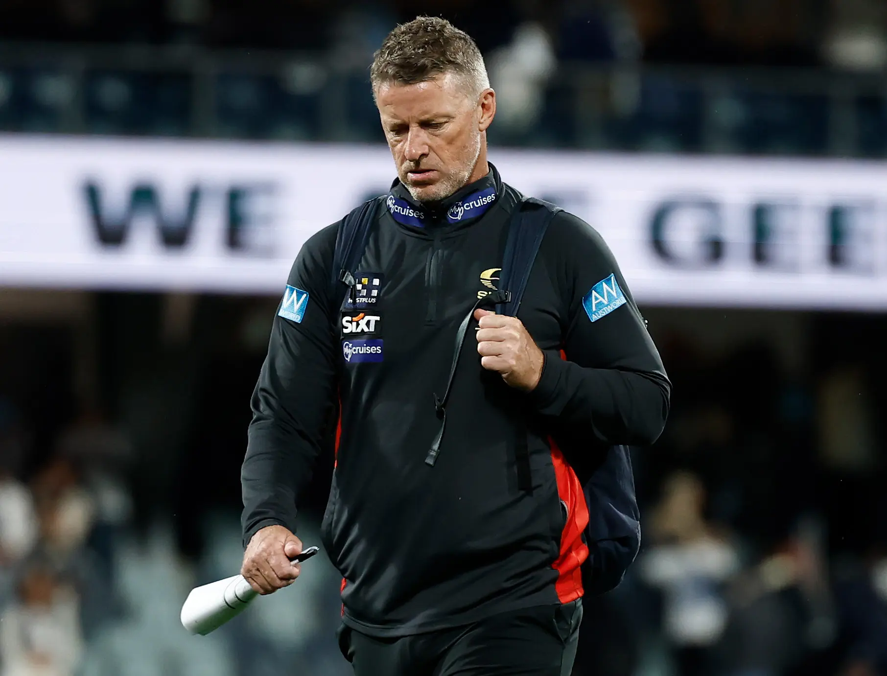 GEELONG, AUSTRALIA - JUNE 12: Damien Hardwick, Senior Coach of the Suns looks dejected after a loss during the 2026 AFL Round 14 match between the Geelong Cats and the Gold Coast Suns at GMHBA Stadium on June 12, 2026 in Geelong, Australia. (Photo by Michael Willson/AFL Photos via Getty Images)