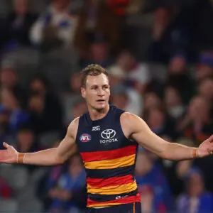 MELBOURNE, AUSTRALIA - JUNE 11: Jordan Dawson of the Crows celebrates kicking a goal during the round 14 AFL match between Western Bulldogs and Adelaide Crows at Marvel Stadium, on June 11, 2026, in Melbourne, Australia. (Photo by Daniel Pockett/Getty Images)