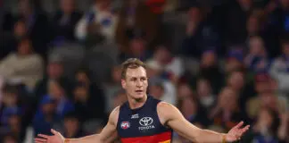 Analysis: Is the hype real at Adelaide? MELBOURNE, AUSTRALIA - JUNE 11: Jordan Dawson of the Crows celebrates kicking a goal during the round 14 AFL match between Western Bulldogs and Adelaide Crows at Marvel Stadium, on June 11, 2026, in Melbourne, Australia. (Photo by Daniel Pockett/Getty Images)