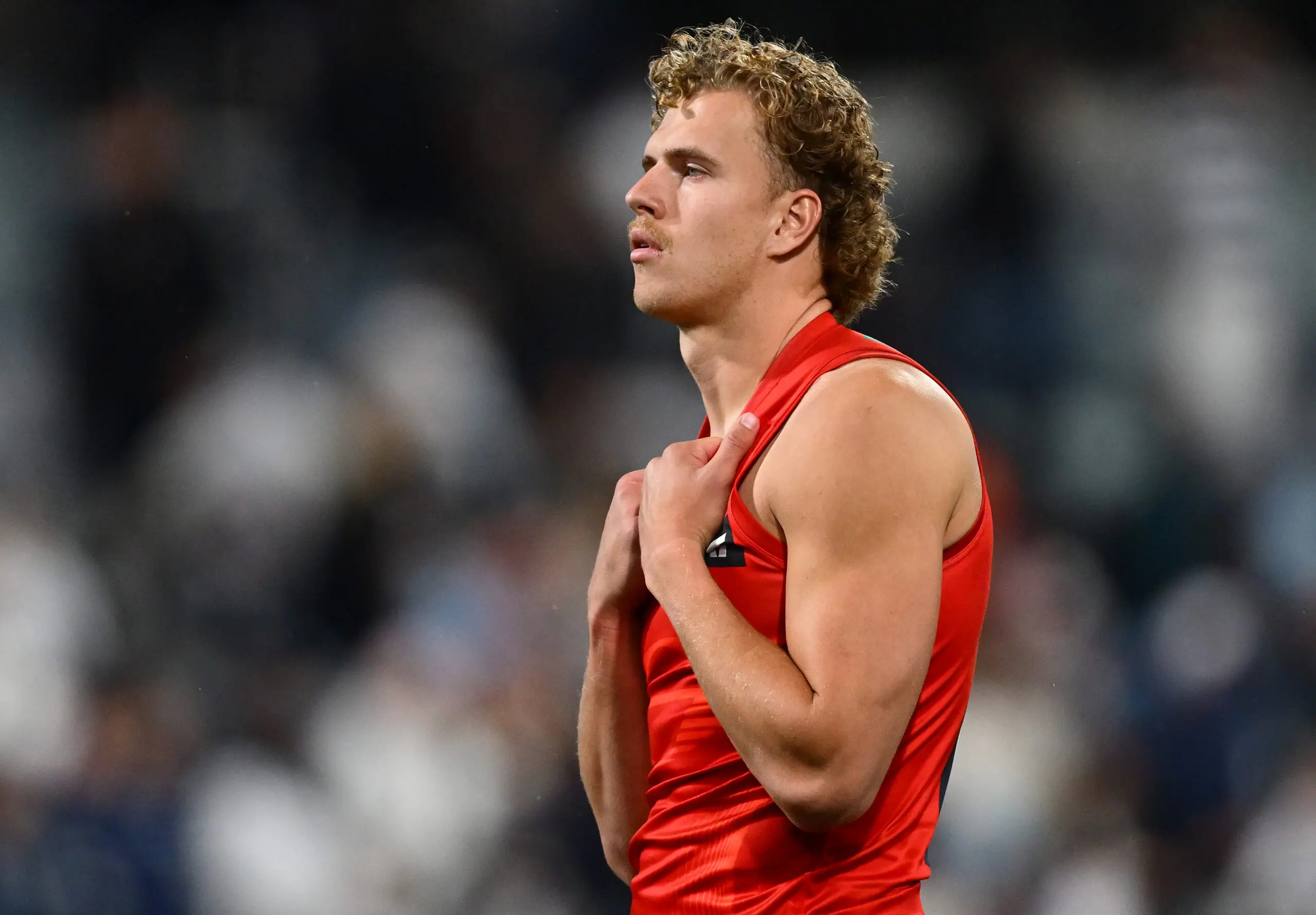 GEELONG, AUSTRALIA - JUNE 12: Jed Walter of the Suns looks dejected after losing the round 14 AFL match between Geelong Cats and Gold Coast Suns at GMHBA Stadium, on June 12, 2026, in Geelong, Australia. (Photo by Quinn Rooney/Getty Images)