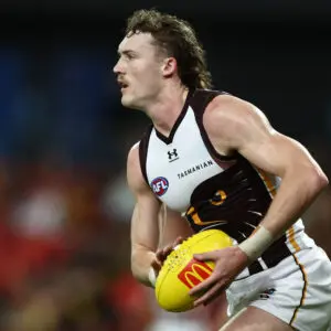GOLD COAST, AUSTRALIA - JUNE 19: Josh Weddle of the Hawks during the round 15 AFL match between Gold Coast Suns and Hawthorn Hawks at People First Stadium, on June 19, 2026, in Gold Coast, Australia. (Photo by Chris Hyde/Getty Images)