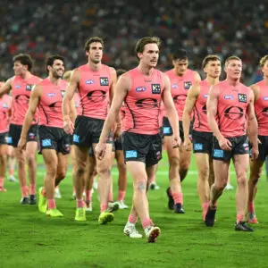 GOLD COAST, AUSTRALIA - JUNE 19: Noah Anderson of the Suns leads his team off the field during the round 15 AFL match between Gold Coast Suns and Hawthorn Hawks at People First Stadium, on June 19, 2026, in Gold Coast, Australia. (Photo by Matt Roberts/AFL Photos/via Getty Images)