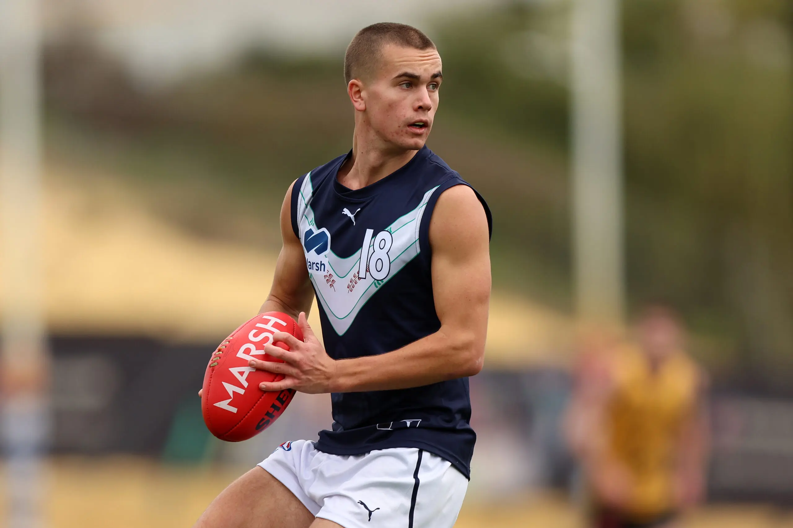 PERTH, AUSTRALIA - JUNE 20: Albert Macgowan of Victoria Metro in action during the Marsh AFL National Championships U18 Boys match between Western Australia and Victoria Metro at Cockburn ARC Oval on June 20, 2026 in Perth, Australia. (Photo by Janelle St Pierre/AFL Photos/via Getty Images)