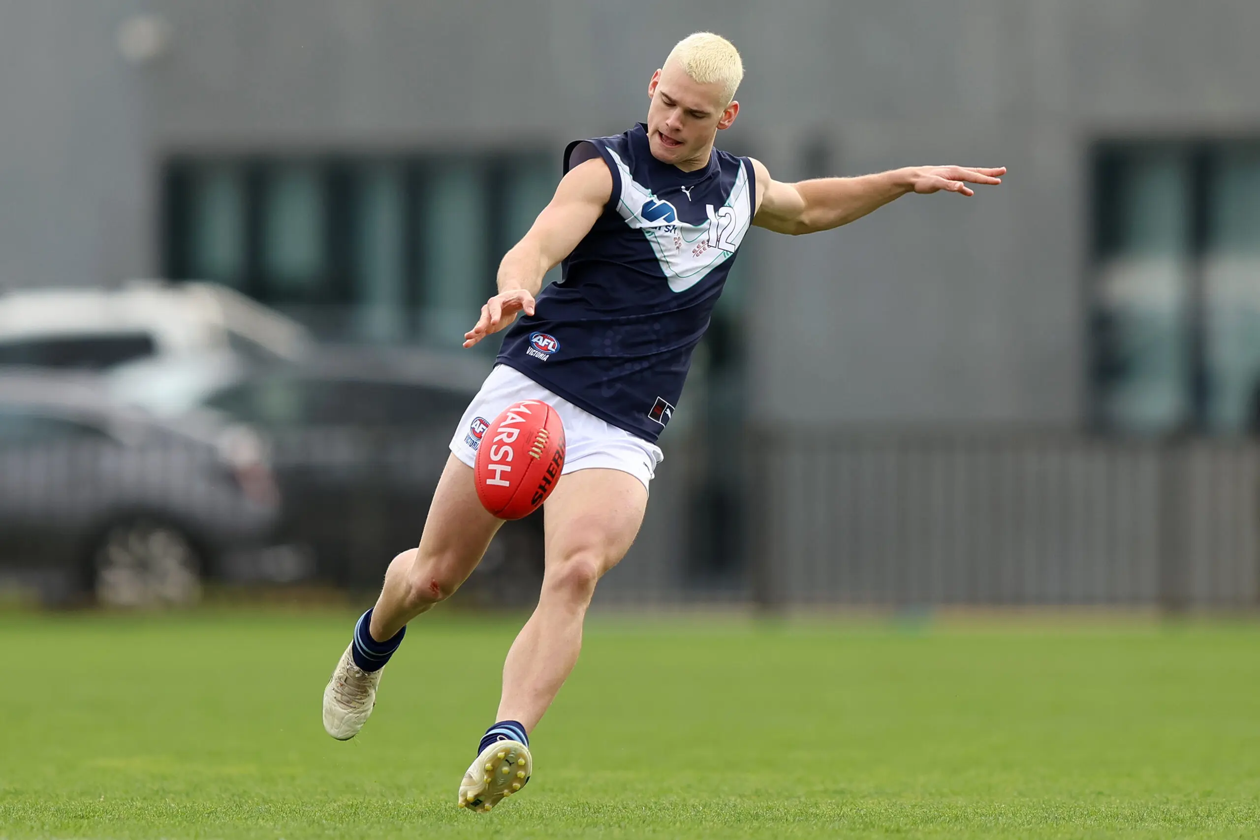 PERTH, AUSTRALIA - JUNE 20: Archie Spencer of Victoria Metro kicks the ball during the Marsh AFL National Championships U18 Boys match between Western Australia and Victoria Metro at Cockburn ARC Oval on June 20, 2026 in Perth, Australia. (Photo by Janelle St Pierre/AFL Photos/via Getty Images)