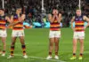 ADELAIDE, AUSTRALIA - JUNE 27: Taylor Walker, Darcy Fogarty of the Crows and Zac Taylor of the Crows after the loss during the 2026 AFL Round 16 match between the Port Adelaide Power and the Adelaide Crows at Adelaide Oval on June 27, 2026 in Adelaide, Australia. (Photo by Sarah Reed/AFL Photos via Getty Images)