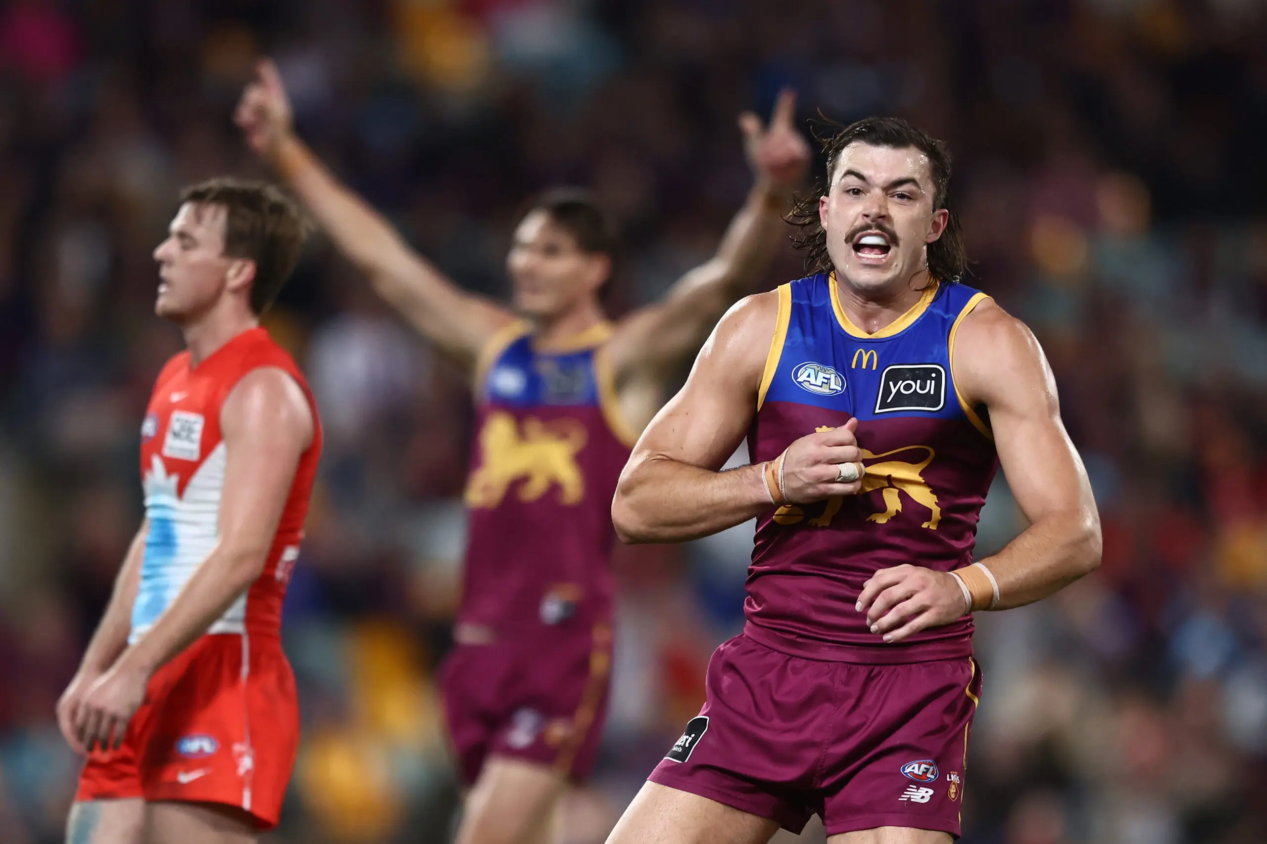 BRISBANE, AUSTRALIA - JUNE 25: Sam Draper of the Lions celebrates a goal during the round 16 AFL match between Brisbane Lions and Sydney Swans at The Gabba, on June 25, 2026, in Brisbane, Australia. (Photo by Chris Hyde/AFL Photos/via Getty Images)