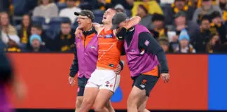 Adam Kingsley provides update on three injured Giants, controversial 50m penalty MELBOURNE, AUSTRALIA - JUNE 26: Max Gruzewski of the Giants leaves the field with trainers during the round 16 AFL match between Hawthorn Hawks and Greater Western Sydney Giants at Melbourne Cricket Ground, on June 26, 2026, in Melbourne, Australia. (Photo by Daniel Pockett/Getty Images)
