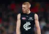 MELBOURNE, AUSTRALIA - JUNE 27: Harry Dean of the Blues watches on during the round 16 AFL match between Carlton Blues and West Coast Eagles at Marvel Stadium, on June 27, 2026, in Melbourne, Australia. (Photo by Morgan Hancock/Getty Images)
