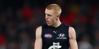Carlton’s Josh Fraser on when Harry Dean will return, Nick Haynes talks controversy MELBOURNE, AUSTRALIA - JUNE 27: Harry Dean of the Blues watches on during the round 16 AFL match between Carlton Blues and West Coast Eagles at Marvel Stadium, on June 27, 2026, in Melbourne, Australia. (Photo by Morgan Hancock/Getty Images)