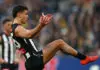 MELBOURNE, AUSTRALIA - JUNE 27: Nick Daicos of the Magpies kicks a goal during the round 16 AFL match between Collingwood Magpies and Richmond Tigers at Melbourne Cricket Ground, on June 27, 2026, in Melbourne, Australia. (Photo by Daniel Pockett/Getty Images)