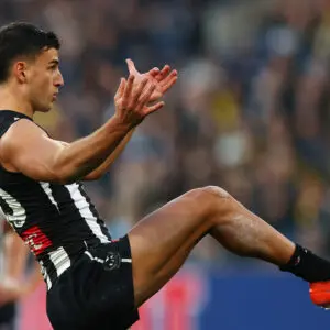 MELBOURNE, AUSTRALIA - JUNE 27: Nick Daicos of the Magpies kicks a goal during the round 16 AFL match between Collingwood Magpies and Richmond Tigers at Melbourne Cricket Ground, on June 27, 2026, in Melbourne, Australia. (Photo by Daniel Pockett/Getty Images)