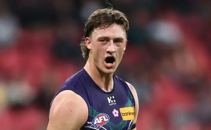 SYDNEY, AUSTRALIA - MAY 17: Jye Amiss of the Dockers celebrates kicking a goal during the round ten AFL match between GWS Giants v Walyalup (Fremantle Dockers) at ENGIE Stadium, on May 17, 2025, in Sydney, Australia. (Photo by Cameron Spencer/AFL Photos/Getty Images)