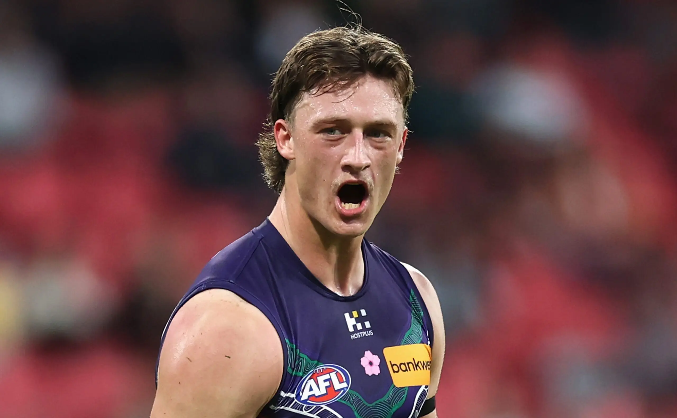 SYDNEY, AUSTRALIA - MAY 17: Jye Amiss of the Dockers celebrates kicking a goal during the round ten AFL match between GWS Giants v Walyalup (Fremantle Dockers) at ENGIE Stadium, on May 17, 2025, in Sydney, Australia. (Photo by Cameron Spencer/AFL Photos/Getty Images)