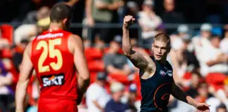 GWS re-sign emerging tall, spelling danger for former Coleman Medallist GOLD COAST , AUSTRALIA - AUGUST 16: Max Gruzewski of the Giants celebrates a goal during the 2025 AFL Round 23 match between the Gold Coast Suns and the GWS Giants at People First Stadium on August 16, 2025 in the Gold Coast, Australia. (Photo by Russell Freeman/AFL Photos via Getty Images)
