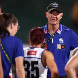 MELBOURNE, AUSTRALIA - NOVEMBER 07: Darren Crocker, Senior Coach of the Kangaroos during the 2025 AFLW First Qualifying Final match between the North Melbourne Tasmanian Kangaroos and the Hawthorn Hawks at Ikon Park on November 7, 2025 in Melbourne, Australia. (Photo by James Wiltshire/AFL Photos via Getty Images)
