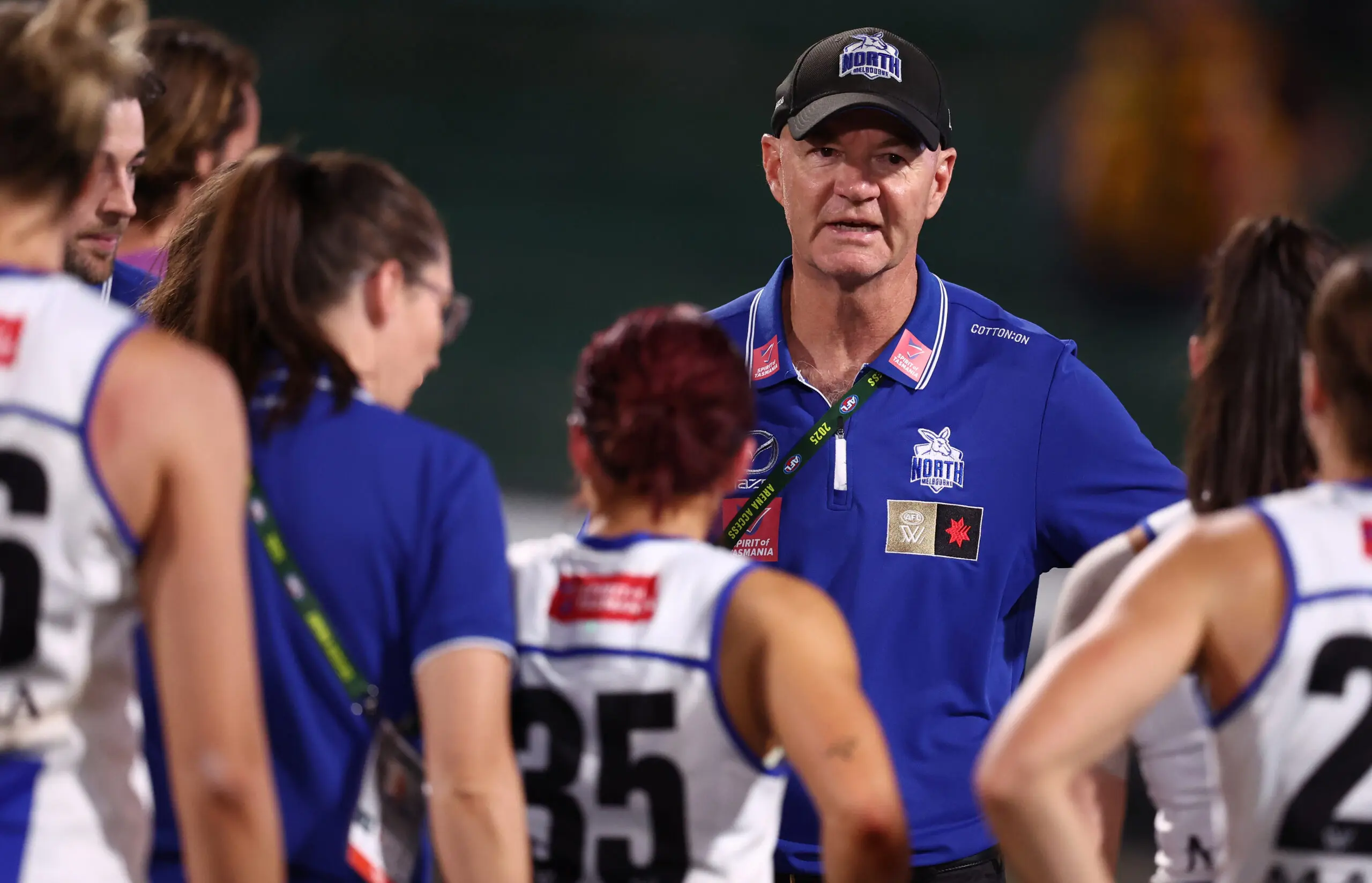 MELBOURNE, AUSTRALIA - NOVEMBER 07: Darren Crocker, Senior Coach of the Kangaroos during the 2025 AFLW First Qualifying Final match between the North Melbourne Tasmanian Kangaroos and the Hawthorn Hawks at Ikon Park on November 7, 2025 in Melbourne, Australia. (Photo by James Wiltshire/AFL Photos via Getty Images)