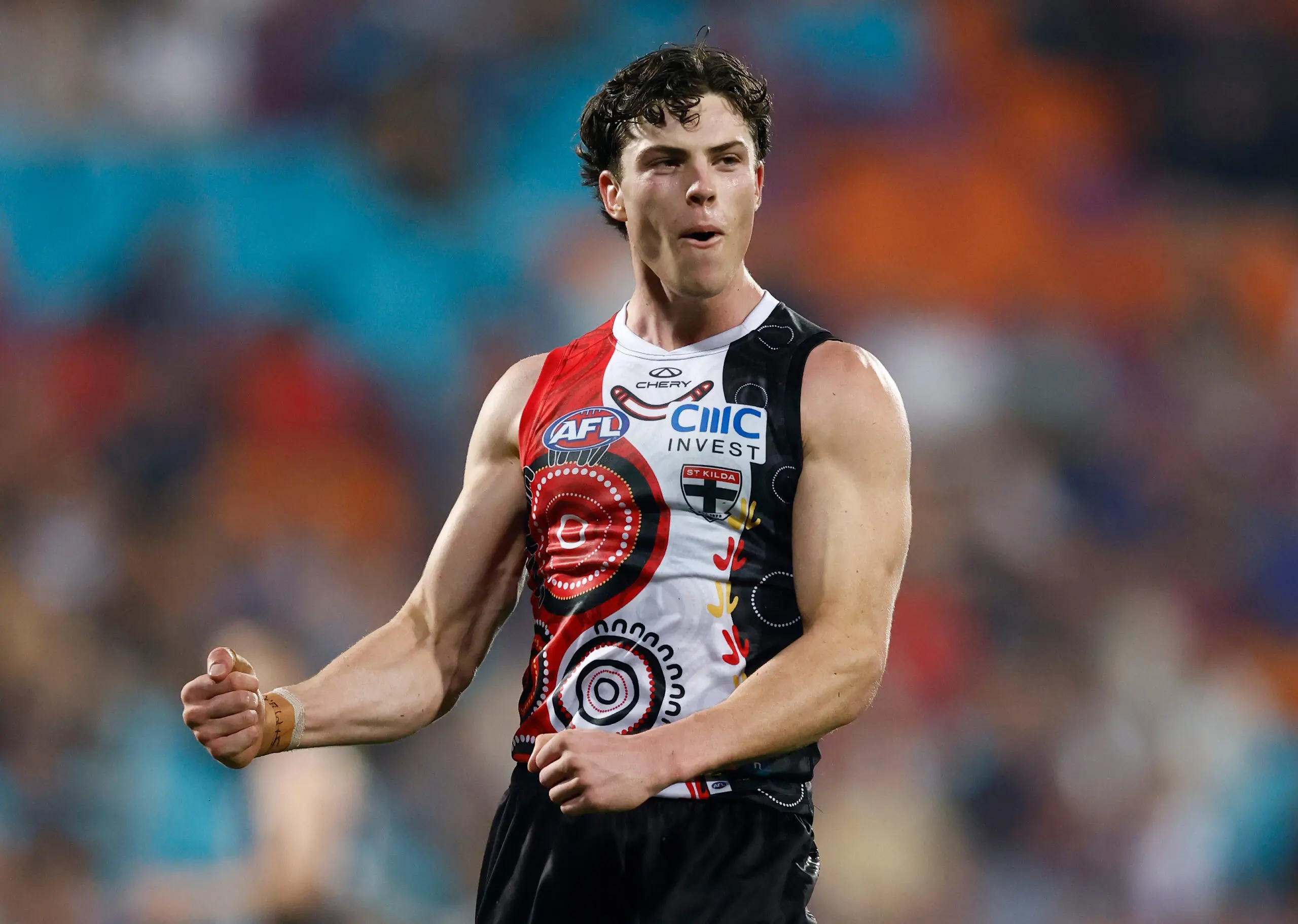 DARWIN, AUSTRALIA - MAY 09: Darcy Wilson of the Saints celebrates a goal during the 2026 AFL Round 09 match between the Gold Coast Suns and the St Kilda Saints at TIO Stadium on May 9, 2026 in Darwin, Australia. (Photo by Michael Willson/AFL Photos via Getty Images)