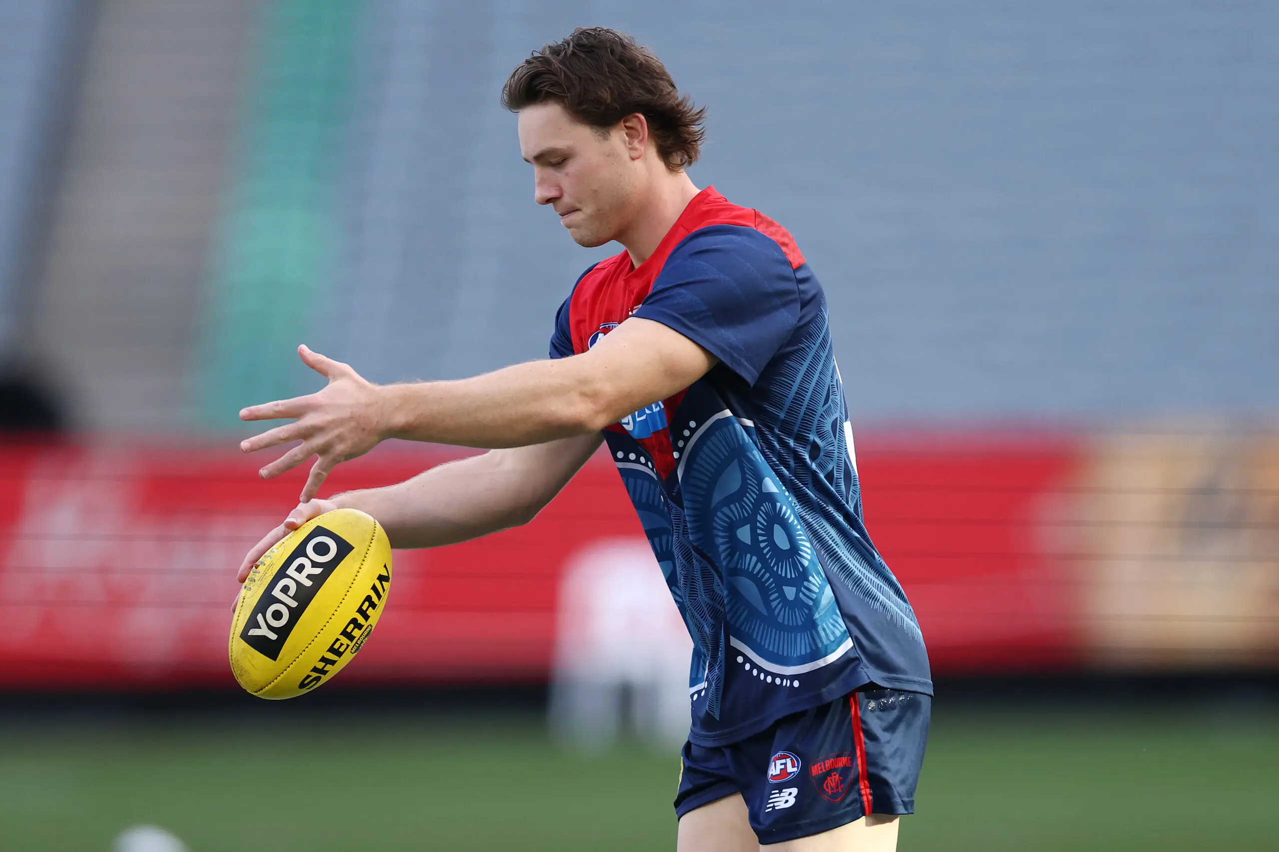 MELBOURNE, AUSTRALIA - MAY 16: Tom Sparrow of the Demons warms up ahead of the round 10 AFL match between Narrm (Melbourne Demons) and Hawthorn Hawks at Melbourne Cricket Ground, on May 16, 2026, in Melbourne, Australia. (Photo by Morgan Hancock/Getty Images)