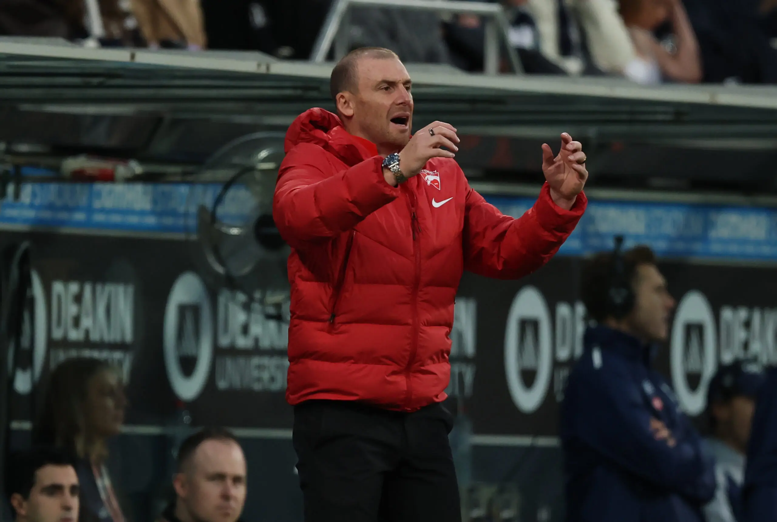 GEELONG, AUSTRALIA - MAY 23: Simon Goodwin, Swans Director of Coaching & Performance is seen on the bench during the round 11 AFL match between Geelong Cats and Sydney Swans at GMHBA Stadium, on May 23, 2026, in Geelong, Australia. (Photo by Robert Cianflone/Getty Images)