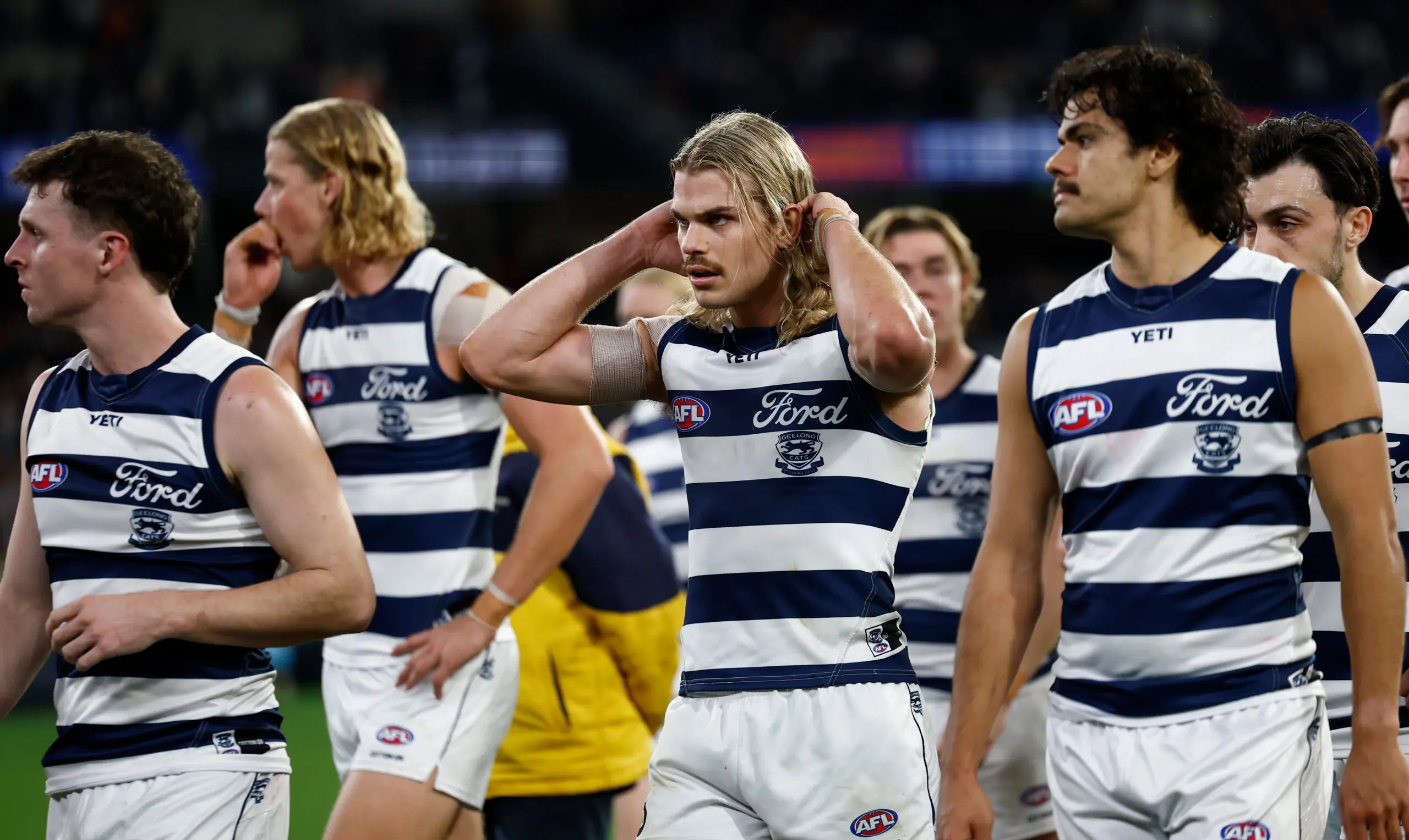 MELBOURNE, AUSTRALIA - MAY 29: Bailey Smith of the Cats looks dejected after a loss during the 2026 AFL Round 12 match between the Carlton Blues and the Geelong Cats at the Melbourne Cricket Ground on May 29, 2026 in Melbourne, Australia. (Photo by Michael Willson/AFL Photos via Getty Images)