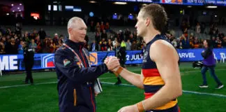 Forgotten Essendon coaching candidate speaks, remains in the running MELBOURNE, AUSTRALIA - JUNE 11: Murray Davis, Assistant Coach of the Crows and Jordan Dawson of the Crows celebrate during the 2026 AFL Round 14 match between the Western Bulldogs and the Adelaide Crows at Marvel Stadium on June 11, 2026 in Melbourne, Australia. (Photo by Michael Willson/AFL Photos via Getty Images)