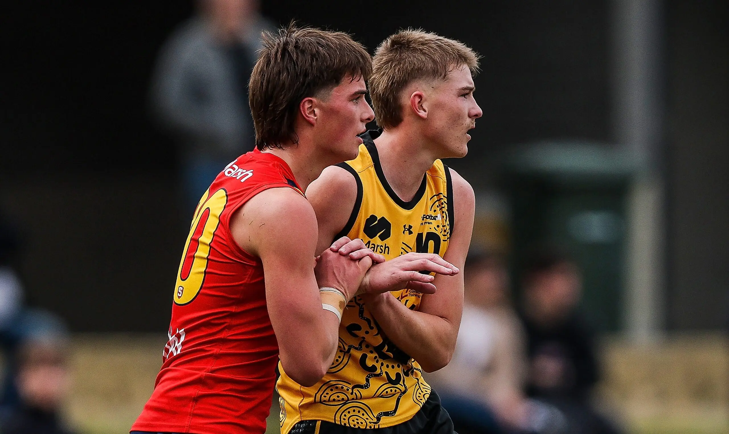 PERTH, AUSTRALIA - JUNE 13: Harvey Chapman of South Australia and Harvey Spawton-Guy of Western Australia in action during the 2026 Marsh AFL National Championships U18 Boys match between Western Australia and South Australia at Mineral Resources Park on June 13th, 2026 in Perth, Australia. (Photo by Travis Hayto/AFL Photos via Getty Images)