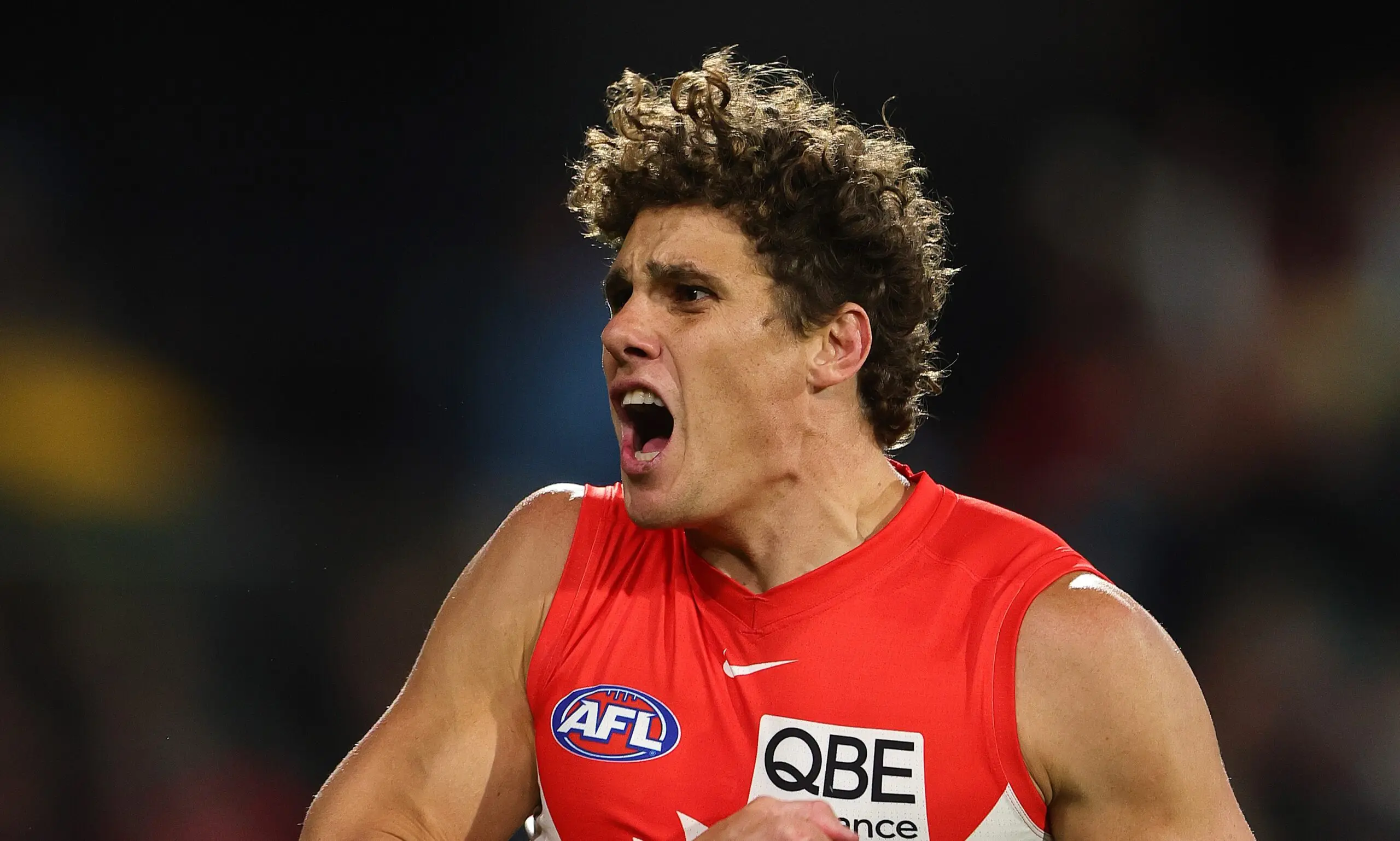 ADELAIDE, AUSTRALIA - JUNE 13: Charlie Curnow of the Swans celebrates a goal during the 2026 AFL Round 14 match between the Port Adelaide Power and the Sydney Swans at Adelaide Oval on June 13, 2026 in Adelaide, Australia. (Photo by Sarah Reed/AFL Photos via Getty Images)