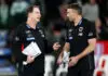 St Kilda assistant meets rival following Carlton coaching process MELBOURNE, AUSTRALIA - JUNE 21: Ross Lyon, Senior Coach of the Saints and Corey Enright, Assistant Coach of the Saints (right) share a discussion during the 2026 AFL Round 15 match between the St Kilda Saints and the Western Bulldogs at Marvel Stadium on June 21, 2026 in Melbourne, Australia. (Photo by Michael Willson/AFL Photos via Getty Images)