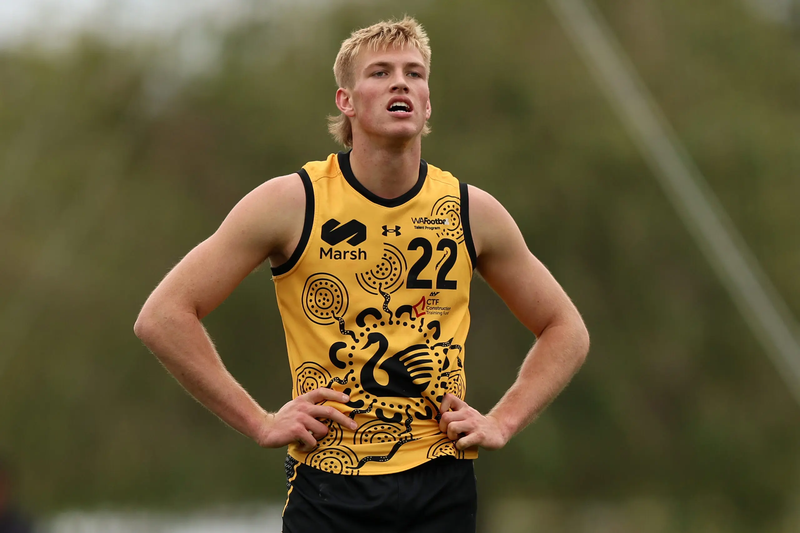PERTH, AUSTRALIA - JUNE 20: Tom Brown of Western Australia looks on during the Marsh AFL National Championships U18 Boys match between Western Australia and Victoria Metro at Cockburn ARC Oval on June 20, 2026 in Perth, Australia. (Photo by Janelle St Pierre/AFL Photos/via Getty Images)