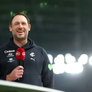 MELBOURNE, AUSTRALIA - JUNE 27: Josh Fraser, Interim Coach of the Blues speaks to media ahead of the round 16 AFL match between Carlton Blues and West Coast Eagles at Marvel Stadium, on June 27, 2026, in Melbourne, Australia. (Photo by Morgan Hancock/Getty Images)