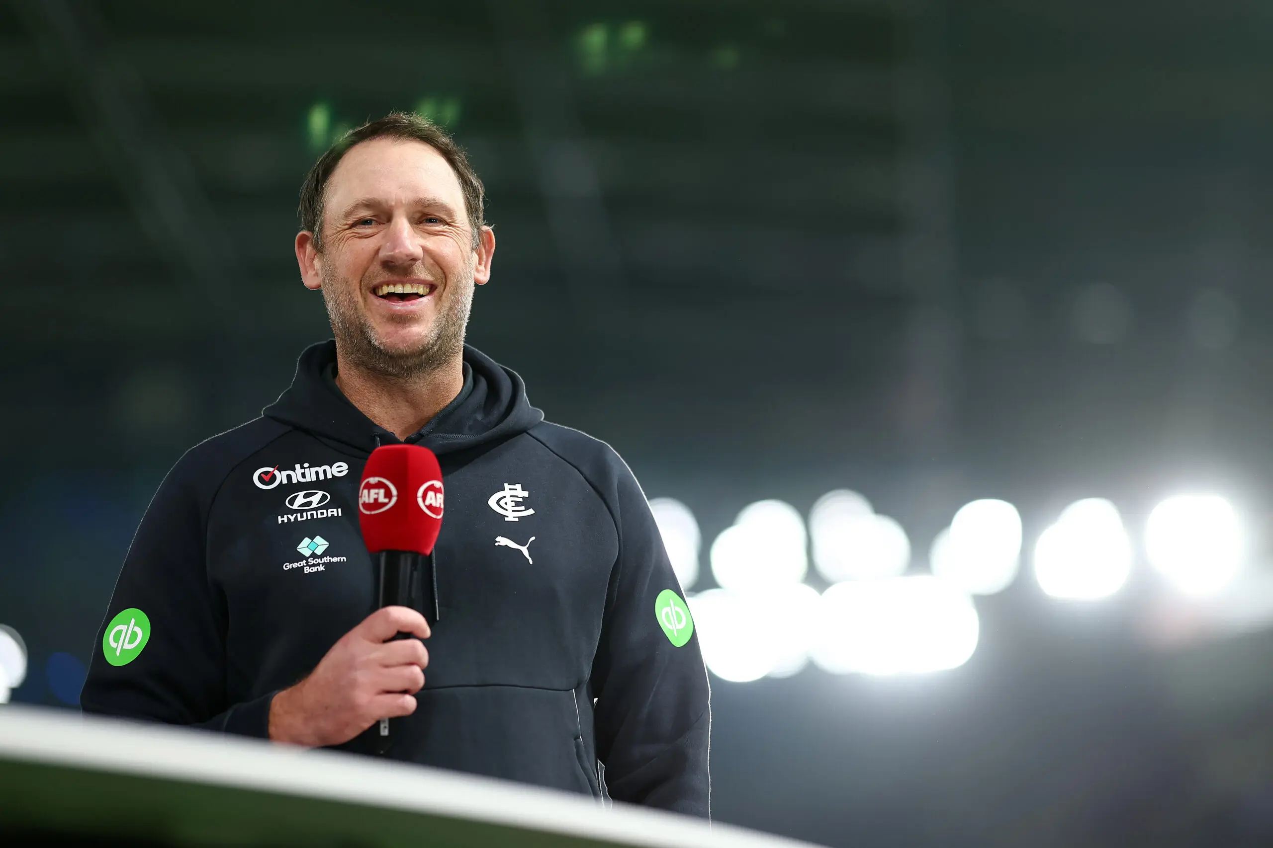 MELBOURNE, AUSTRALIA - JUNE 27: Josh Fraser, Interim Coach of the Blues speaks to media ahead of the round 16 AFL match between Carlton Blues and West Coast Eagles at Marvel Stadium, on June 27, 2026, in Melbourne, Australia. (Photo by Morgan Hancock/Getty Images)