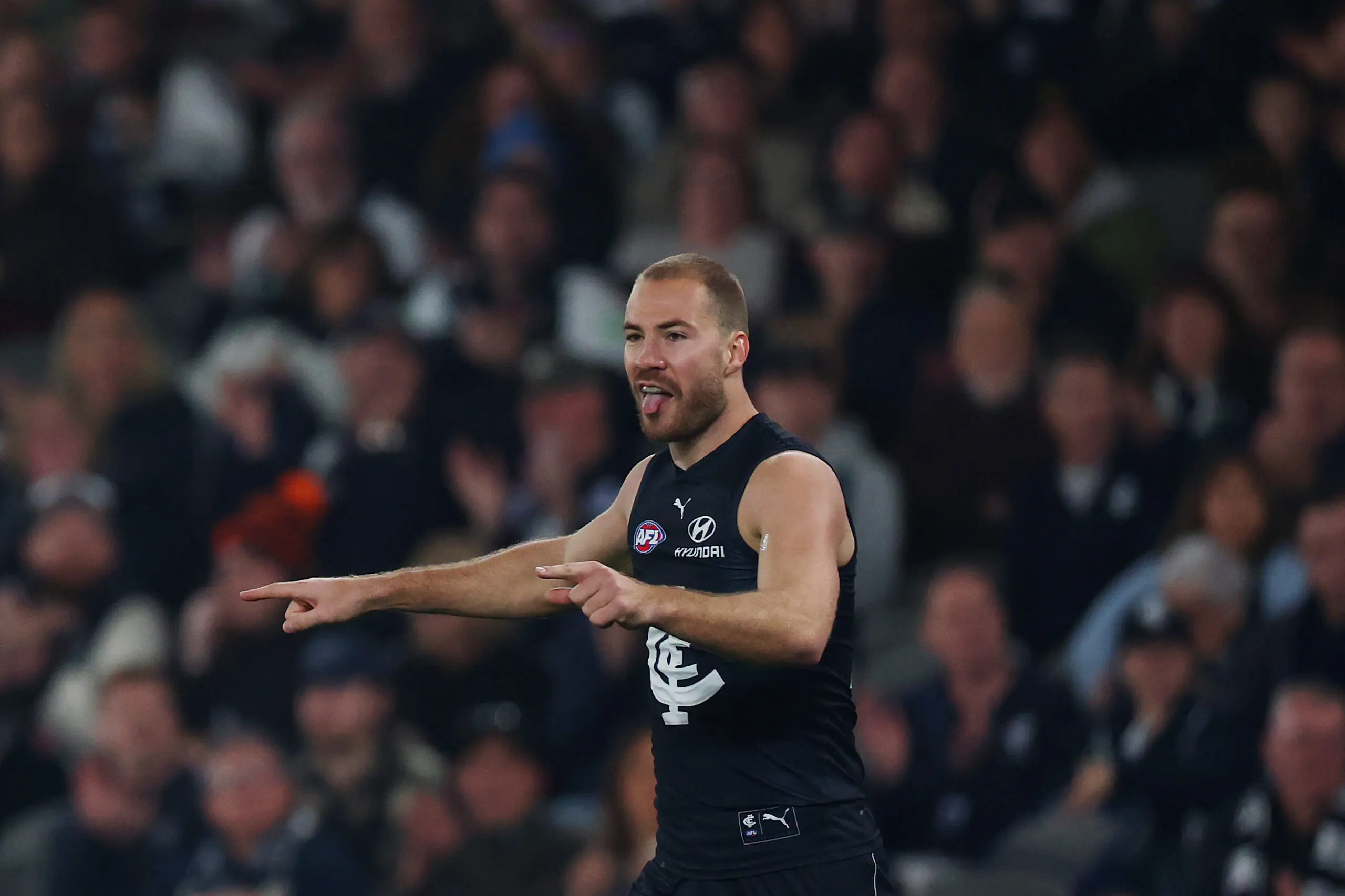 MELBOURNE, AUSTRALIA - JUNE 27: Harry McKay of the Blues celebrates a goal during the round 16 AFL match between Carlton Blues and West Coast Eagles at Marvel Stadium, on June 27, 2026, in Melbourne, Australia. (Photo by Morgan Hancock/Getty Images)