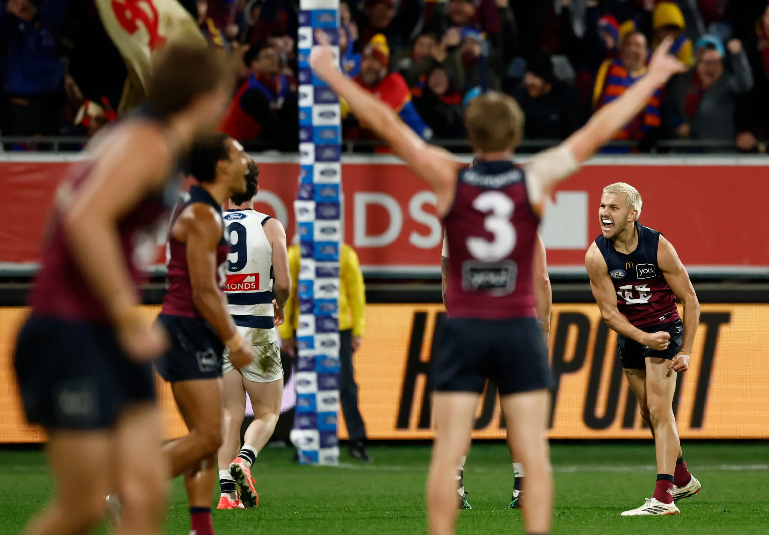 MELBOURNE, AUSTRALIA - JULY 02: Kai Lohmann of the Lions celebrates a goal during the 2026 AFL Round 17 match between the Geelong Cats and the Brisbane Lions at GMHBA Stadium on July 2, 2026 in Geelong, Australia. (Photo by Michael Willson/AFL Photos via Getty Images)