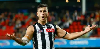 Collingwood superstar targeted by rival in shock trade bid GOLD COAST, AUSTRALIA - JULY 04: Nick Daicos of the Magpies celebrates a goal during the 2026 AFL Round 17 match between the Gold Coast Suns and the Collingwood Magpies at People First Stadium on July 4, 2026 in the Gold Coast, Australia. (Photo by Russell Freeman/AFL Photos via Getty Images)