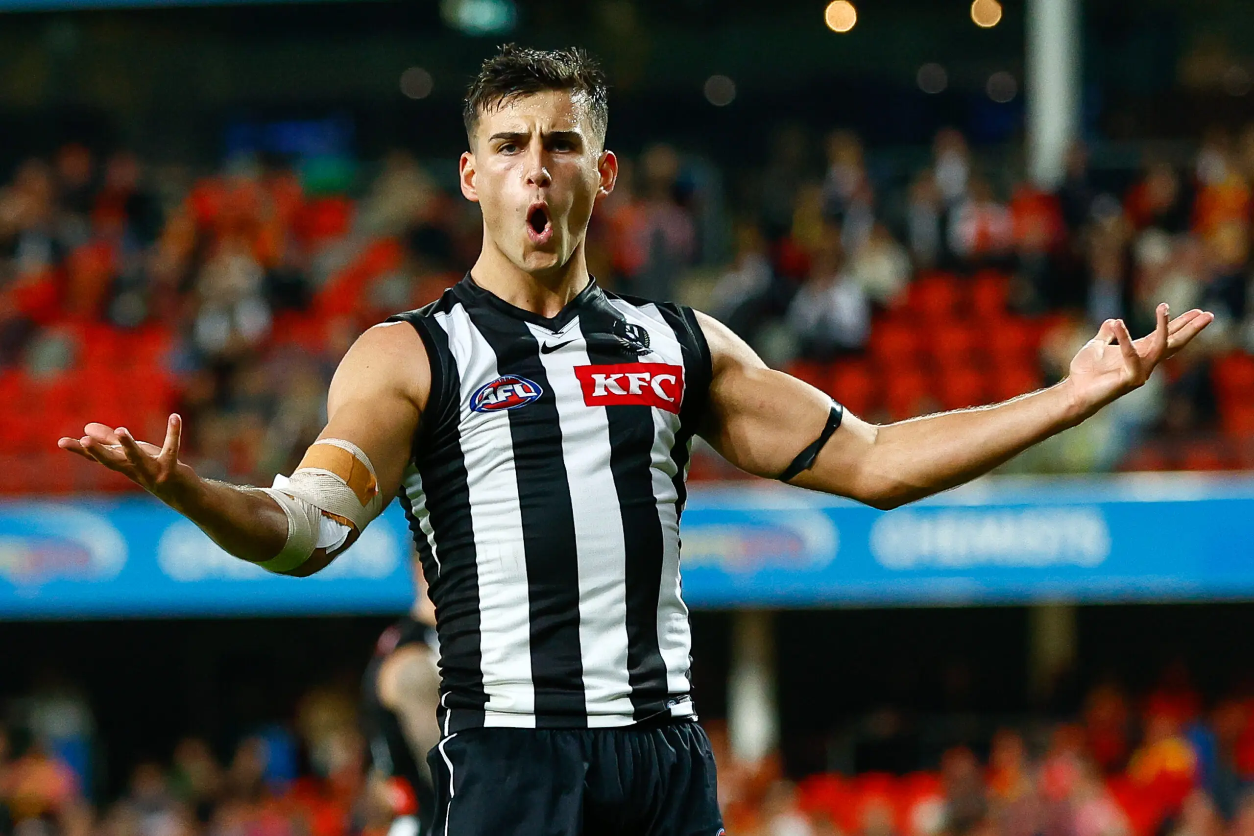 GOLD COAST, AUSTRALIA - JULY 04: Nick Daicos of the Magpies celebrates a goal during the 2026 AFL Round 17 match between the Gold Coast Suns and the Collingwood Magpies at People First Stadium on July 4, 2026 in the Gold Coast, Australia. (Photo by Russell Freeman/AFL Photos via Getty Images)