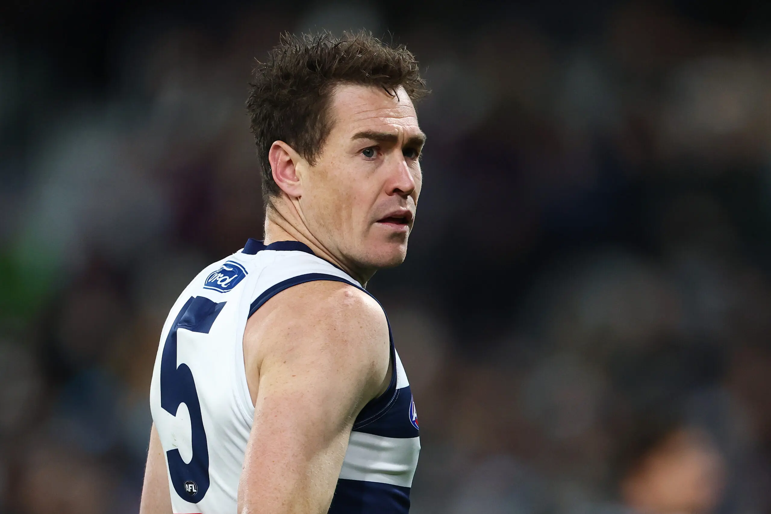 GEELONG, AUSTRALIA - JULY 02: Jeremy Cameron of the Cats reacts during the round 17 AFL match between Geelong Cats and Brisbane Lions at GMHBA Stadium, on July 02, 2026, in Geelong, Australia. (Photo by Morgan Hancock/Getty Images)