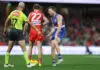 “Copped one in the solar plexus”: Western Bulldogs coach slams AFL following forward’s upheld fine SYDNEY, AUSTRALIA - JULY 03: Nick Blakey of the Swans clashes with Will Lewis of the Bulldogs during the round 17 AFL match between Sydney Swans and Western Bulldogs at Sydney Cricket Ground, on July 03, 2026, in Sydney, Australia. (Photo by Mark Metcalfe/AFL Photos/via Getty Images)
