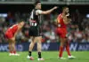 GOLD COAST, AUSTRALIA - JULY 04: Brayden Maynard of the Magpies reacts during the round 17 AFL match between Gold Coast Suns and Collingwood Magpies at People First Stadium, on July 04, 2026, in Gold Coast, Australia. (Photo by Chris Hyde/Getty Images)