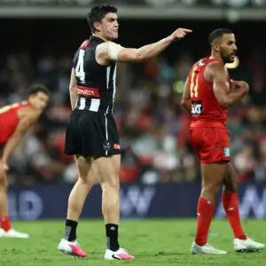 GOLD COAST, AUSTRALIA - JULY 04: Brayden Maynard of the Magpies reacts during the round 17 AFL match between Gold Coast Suns and Collingwood Magpies at People First Stadium, on July 04, 2026, in Gold Coast, Australia. (Photo by Chris Hyde/Getty Images)