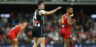 Former AFL stars comment on Maynard’s umpire push GOLD COAST, AUSTRALIA - JULY 04: Brayden Maynard of the Magpies reacts during the round 17 AFL match between Gold Coast Suns and Collingwood Magpies at People First Stadium, on July 04, 2026, in Gold Coast, Australia. (Photo by Chris Hyde/Getty Images)